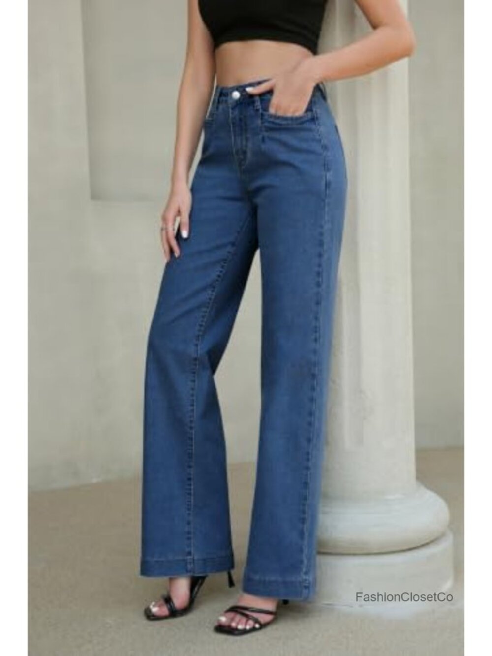 High Waisted Wide Leg Stretchy Jeans Loose Straight Denim Pants Tummy Control - Picture 3 of 6